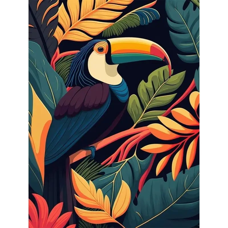 Peinture au Numéro — Toucan dans un feuillage tropical stylisé