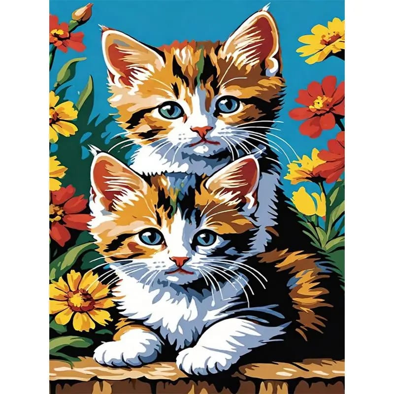 Peinture au Numéro — Deux chatons calicot parmi les fleurs vives
