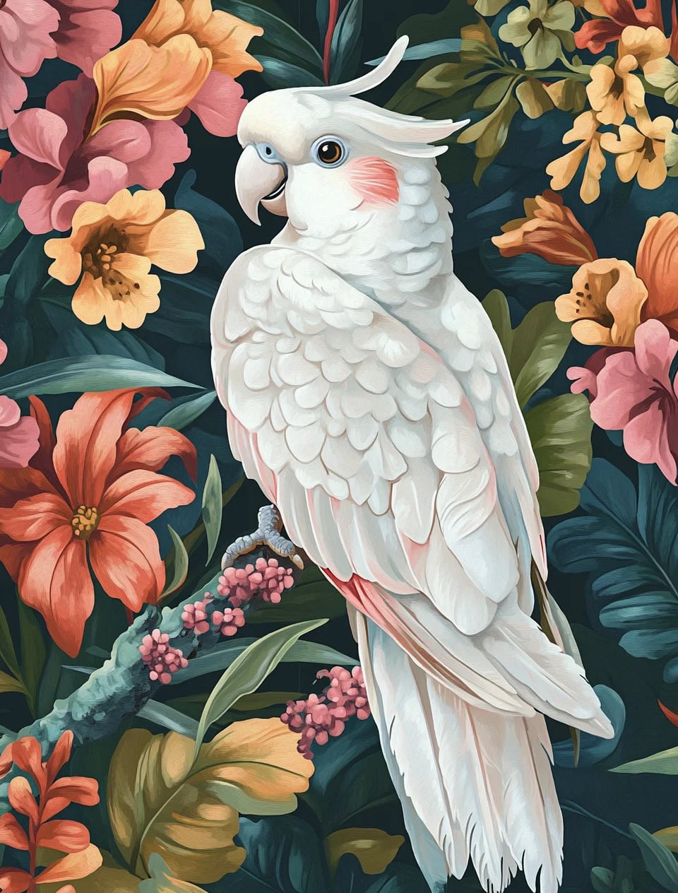 Peinture au Numéro — Cacatoès blanc sur fond floral tropical foncé