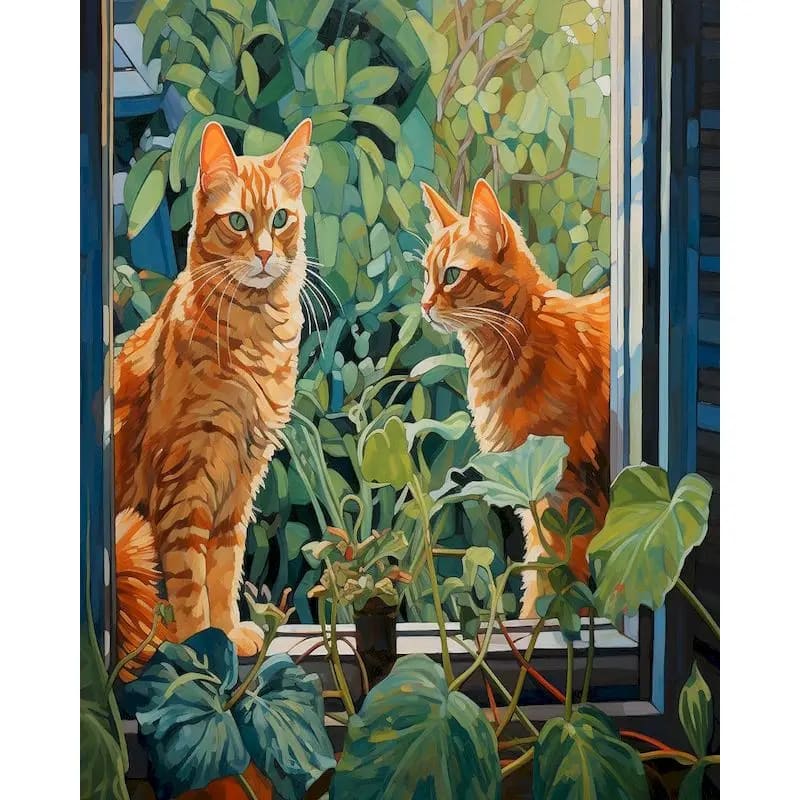 Peinture au Numéro — Deux chats roux dans la verdure