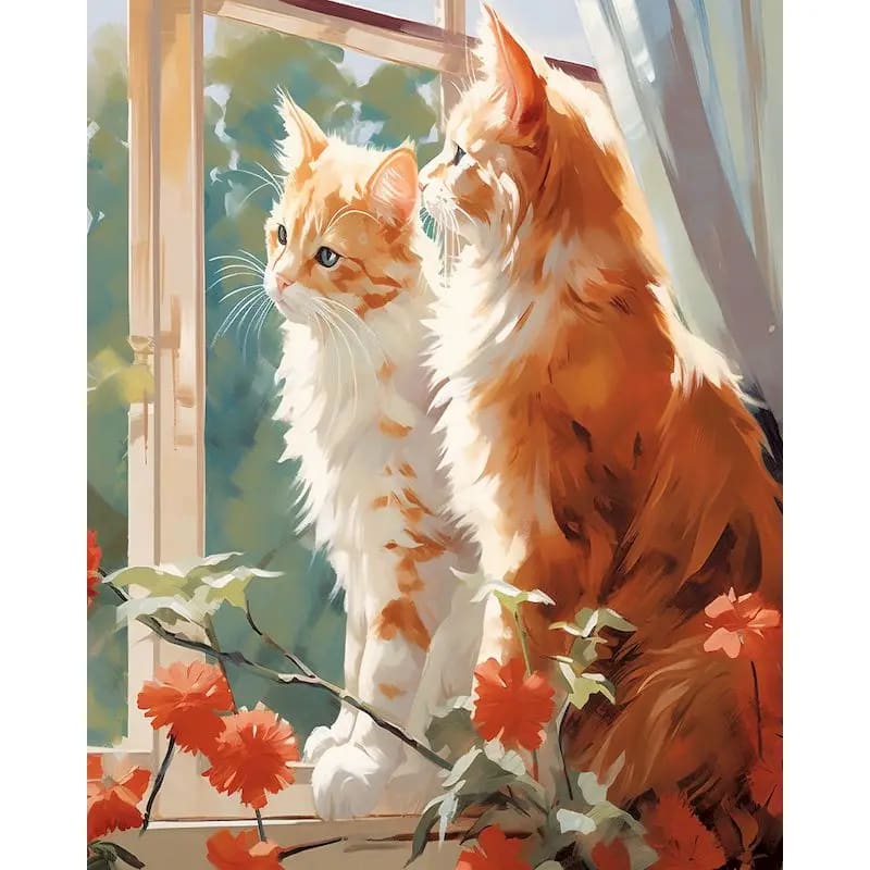 Peinture au Numéro — Couple de chats roux devant la fenêtre