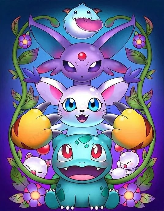 Peinture au Numéro — Mentali, Feunnec et Bulbizarre entourés de fleurs (Pokémon)