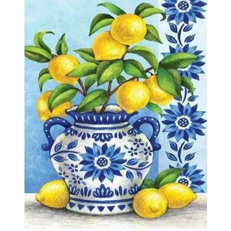 Peinture au Numéro — Citrons dans un vase en faïence bleue et blanche