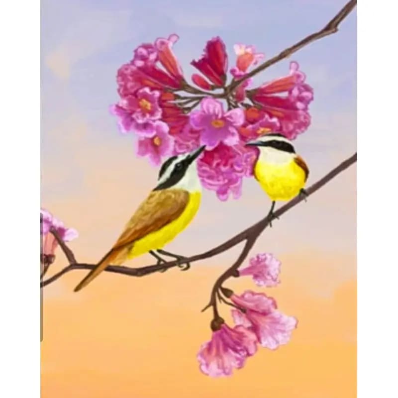 Peinture au Numéro — Deux tyrans jaunes sur branche de fleurs roses
