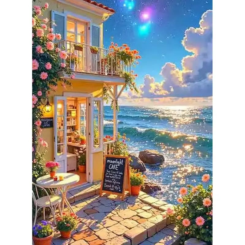 Peinture au Numéro — Café en bord de mer au crépuscule étoilé