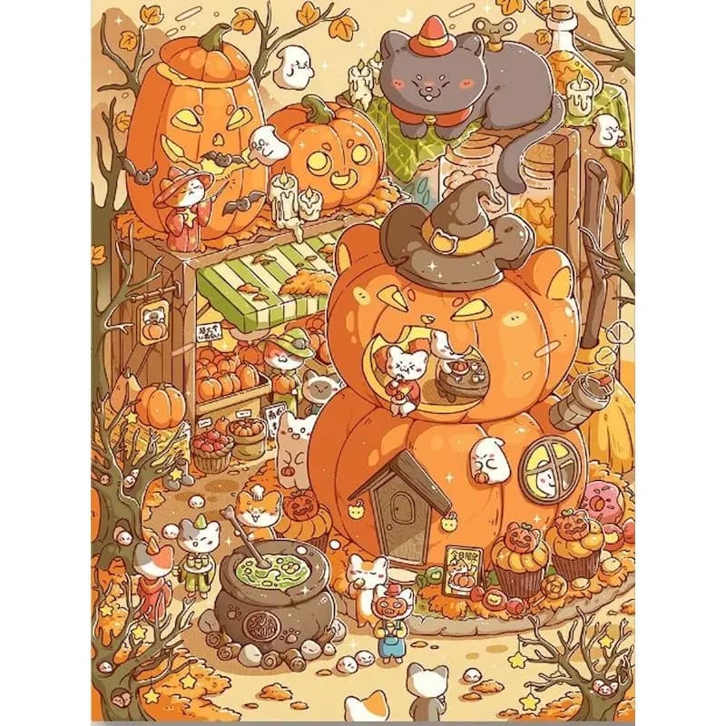 Peinture au Numéro — Village citrouille d'Halloween avec chats (kawaii)