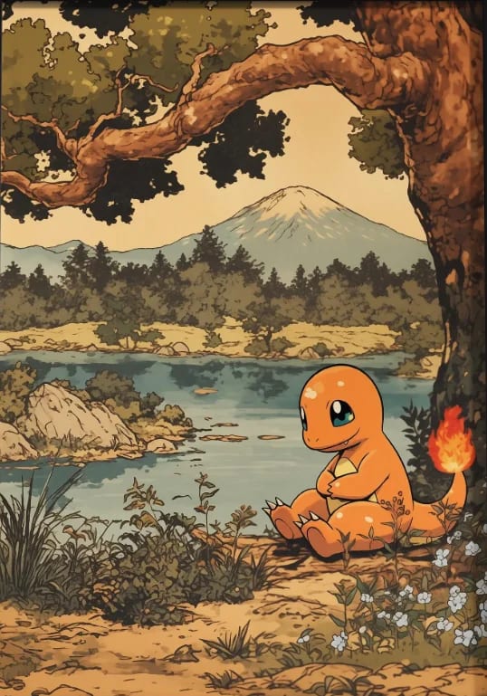 Peinture au Numéro — Salamèche au bord du lac devant le mont Fuji (Pokémon)