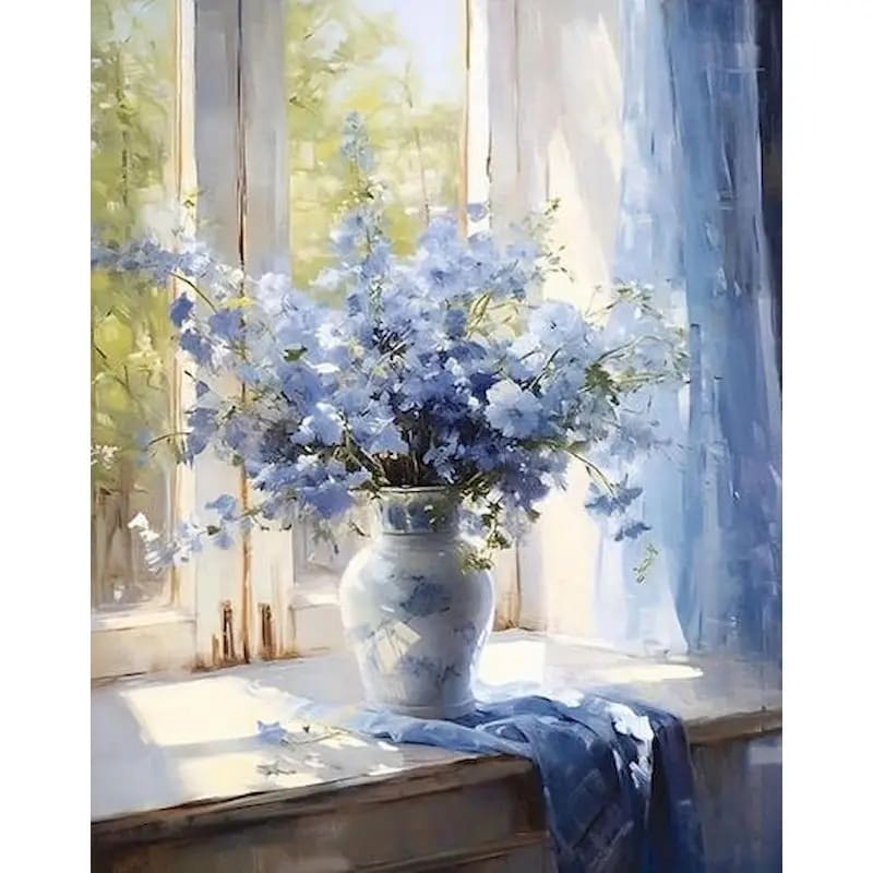 Peinture au Numéro — Bouquet de fleurs bleues dans un vase à la fenêtre
