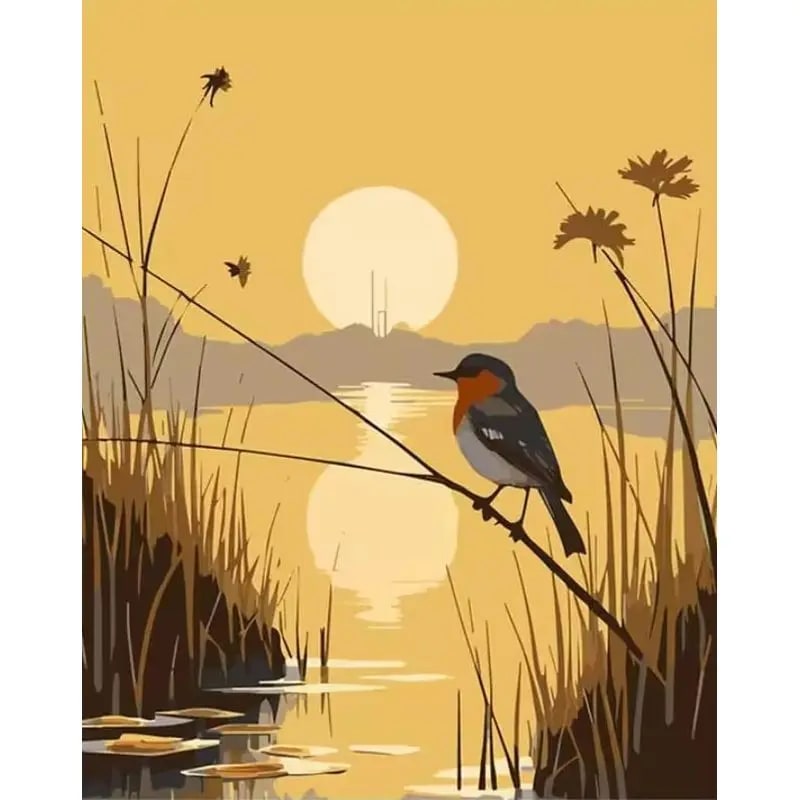 Peinture au Numéro — Oiseau dans les roseaux au coucher de soleil doré