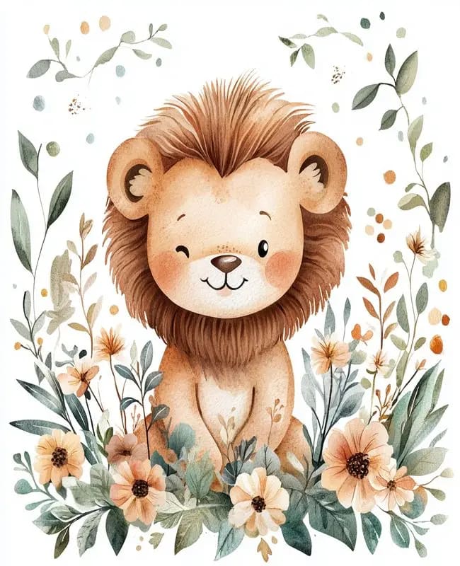 Peinture au Numéro — Bébé lion aquarelle parmi les fleurs