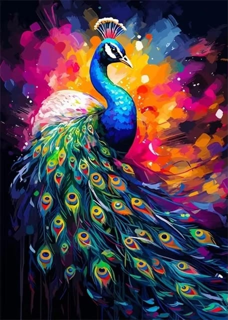 Peinture au Numéro — Paon aux plumes chatoyantes