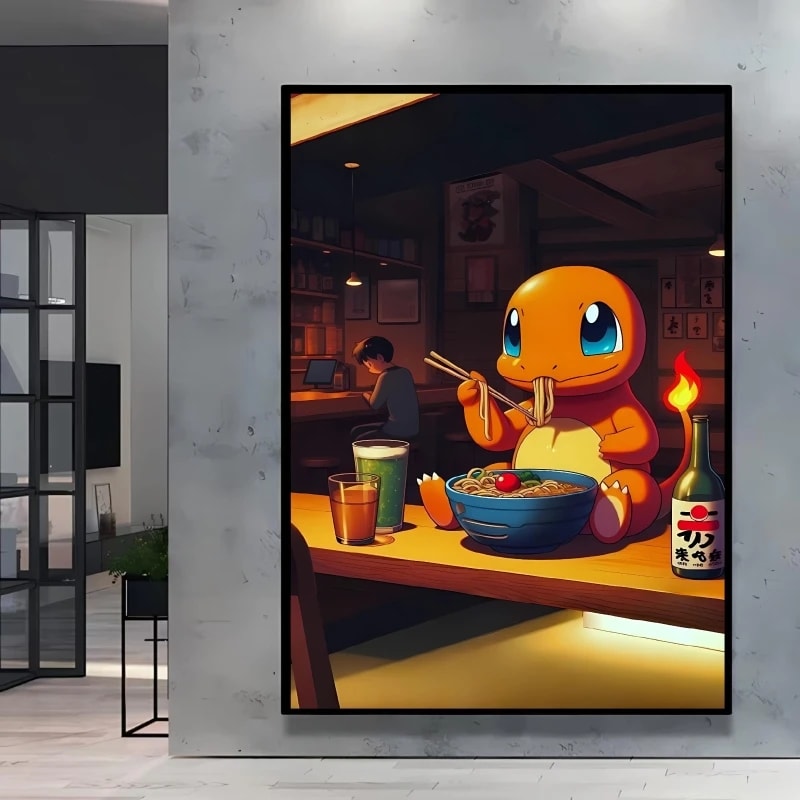 Peinture au Numéro — Salamèche mangeant des ramen au bar (Pokémon)