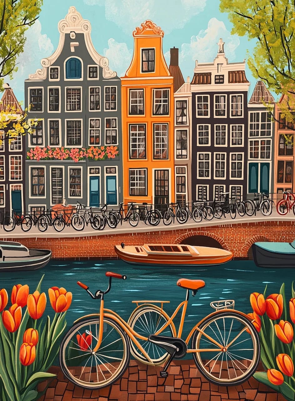 Peinture au Numéro — Maisons du canal d'Amsterdam et tulipes