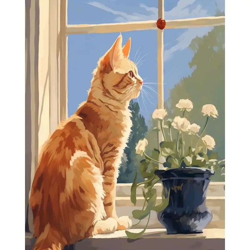 Peinture au Numéro — Chat roux et lanterne dans la nuit