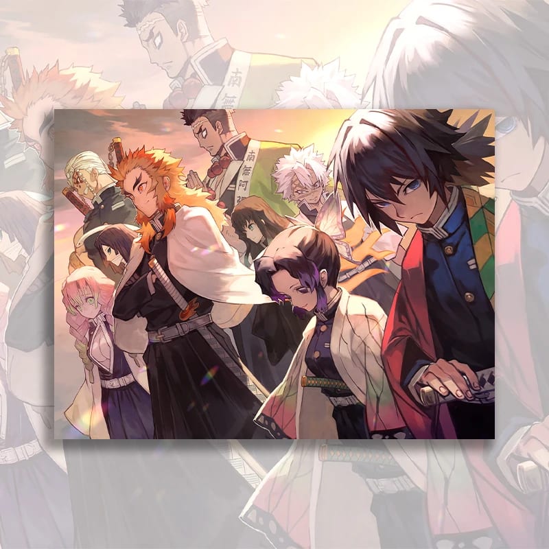 Peinture au Numéro — Giyu, Shinobu et les piliers au coucher de soleil (Demon Slayer)