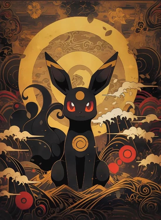 Peinture au Numéro — Noctali sous la lune dorée, motifs japonais (Pokémon)