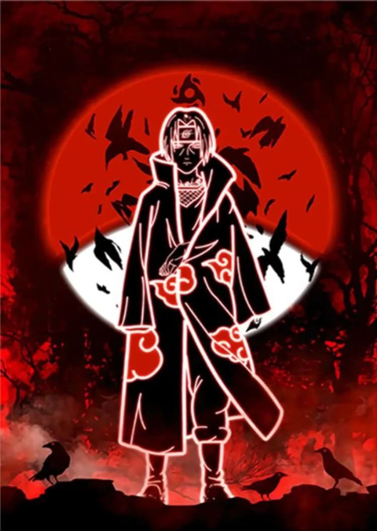 Peinture au Numéro — Itachi Uchiwa au néon rouge et corbeaux (Naruto)