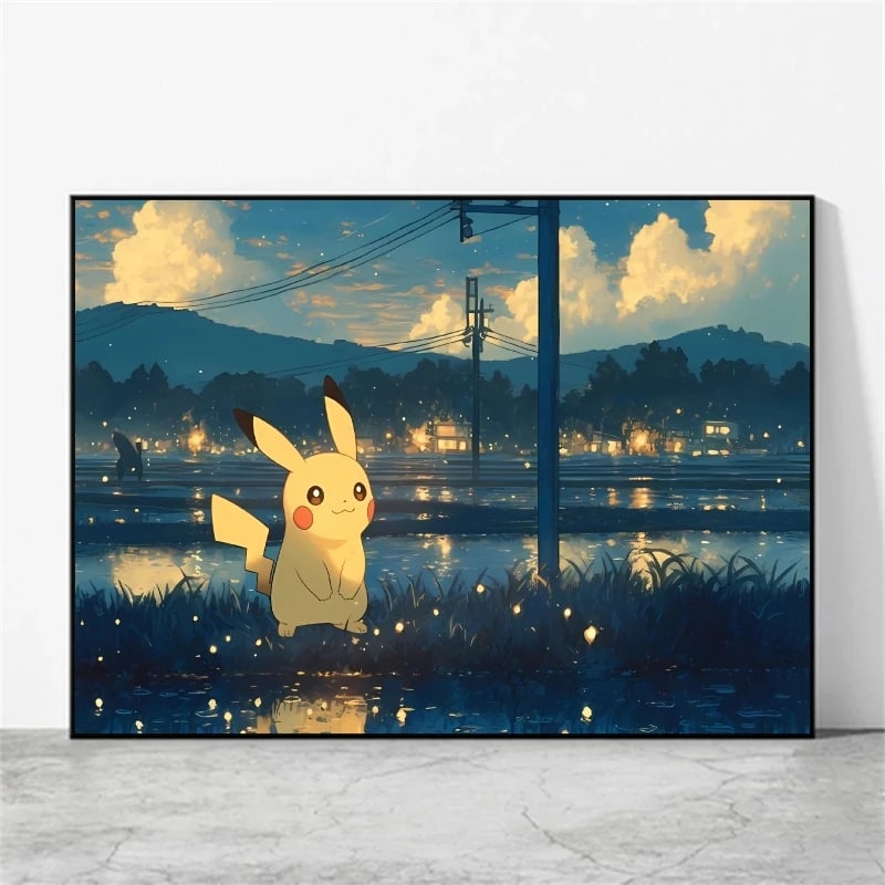 Peinture au Numéro — Pikachu dans les rizières au crépuscule (Pokémon)
