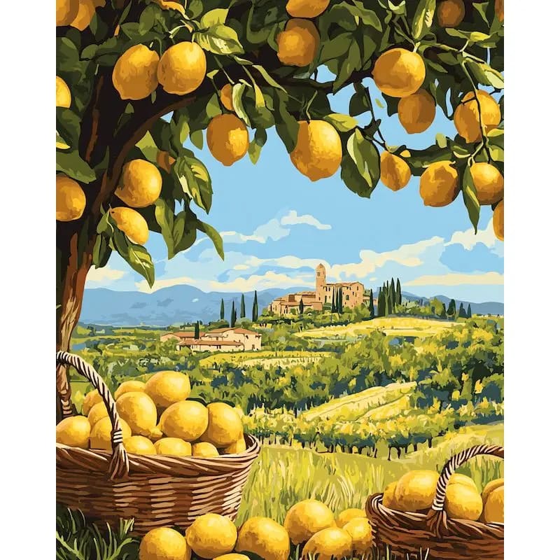 Peinture au Numéro — Paysage toscan au citronnier et village perché