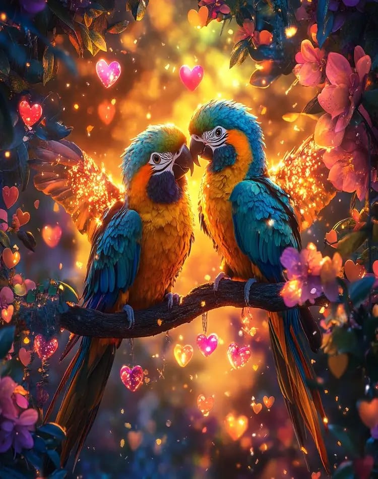 Peinture au Numéro — Couple de perroquets aras et cœurs lumineux