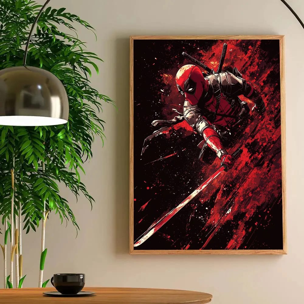 Peinture au Numéro — Deadpool bondissant sabre en main, éclaboussures rouges (Deadpool)