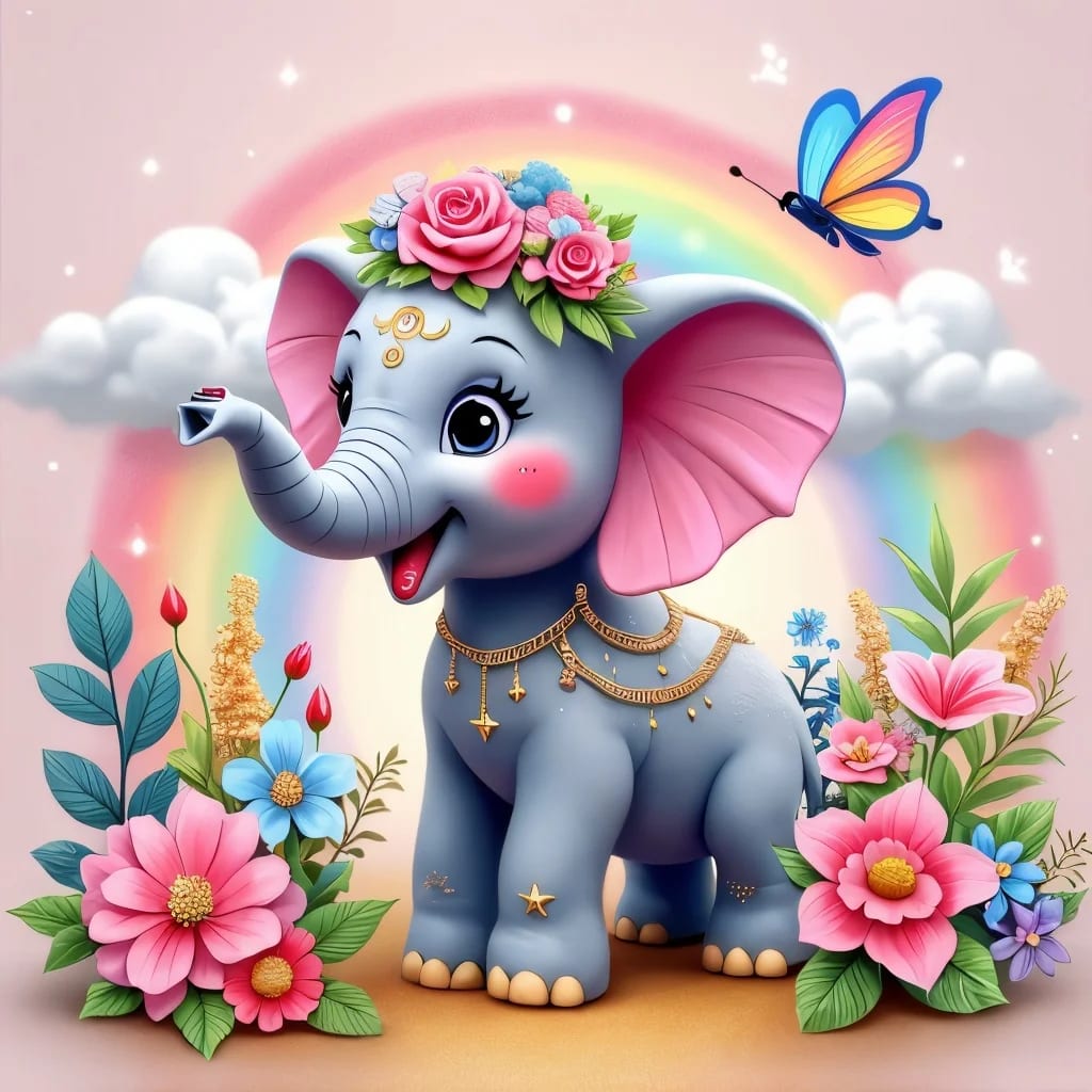 Peinture au Numéro — Éléphanteau kawaii sous l'arc-en-ciel