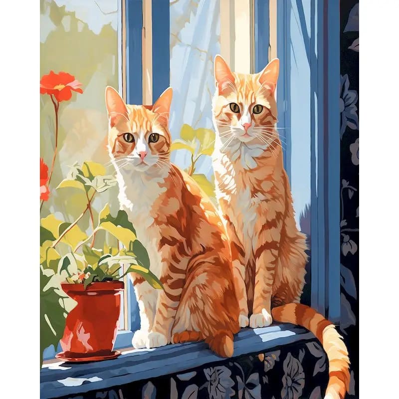 Peinture au Numéro — Deux chats roux et rideau bleu