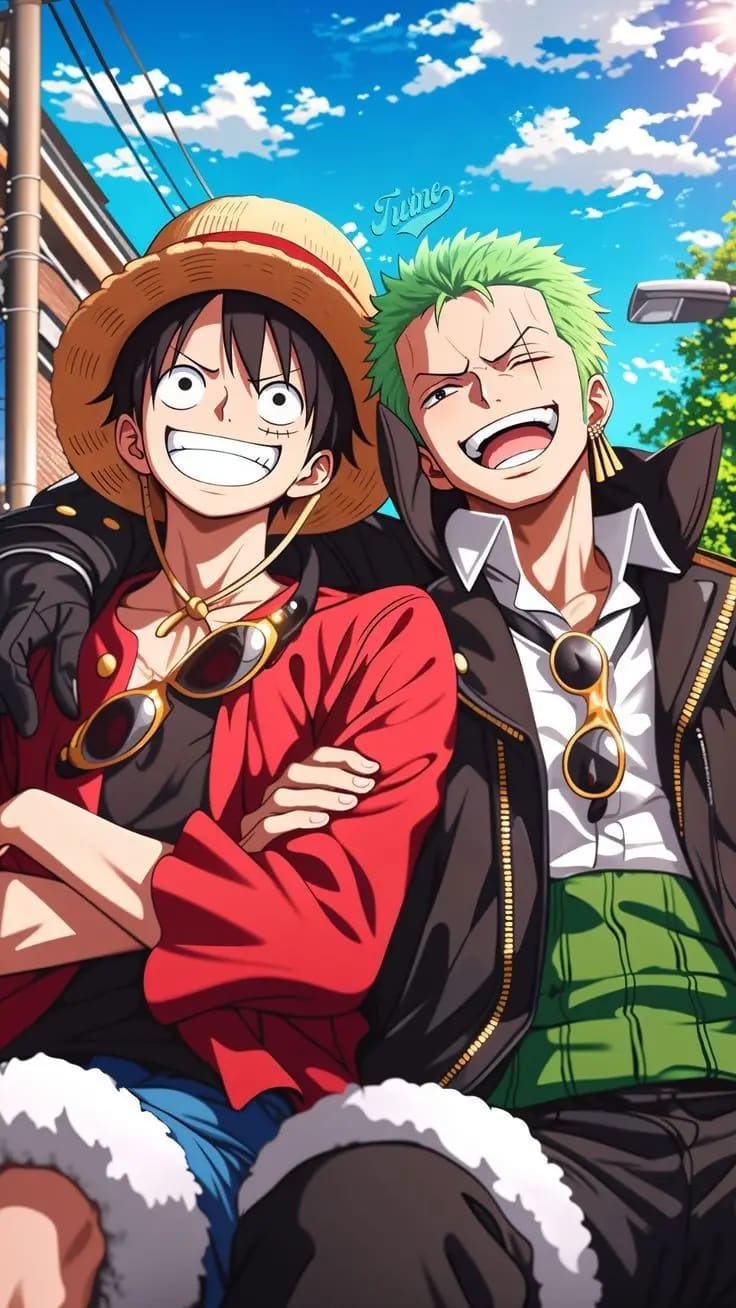Peinture au Numéro — Luffy et Zoro souriants en ville (One Piece)