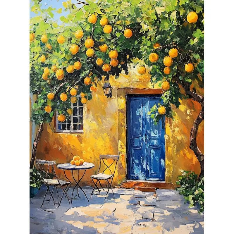 Peinture au Numéro — Terrasse méridionale au citronnier et porte bleue