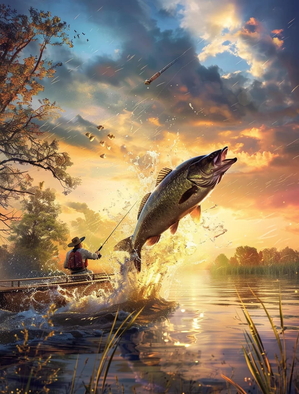 Peinture au Numéro — Pêcheur ferrant un gros brochet au couchant