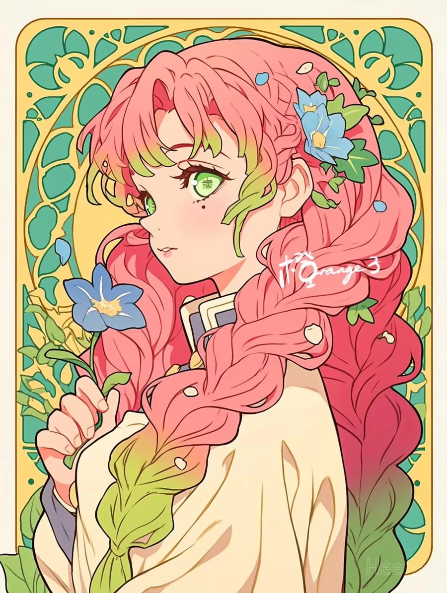 Peinture au Numéro — Mitsuri Kanroji, pilier de l'amour, portrait Art nouveau (Demon Slayer)