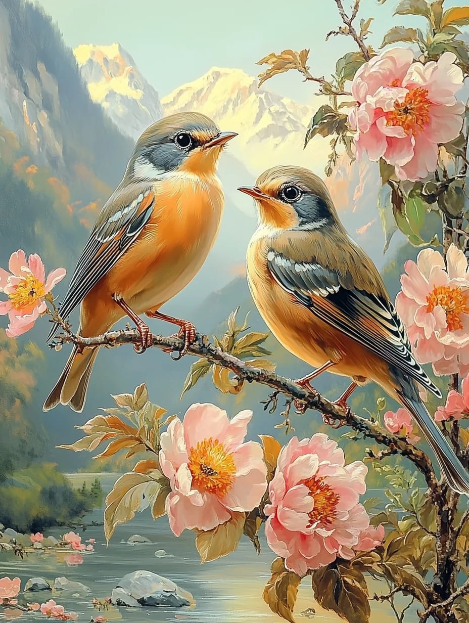 Peinture au Numéro — Deux rouges-gorges et fleurs roses en montagne