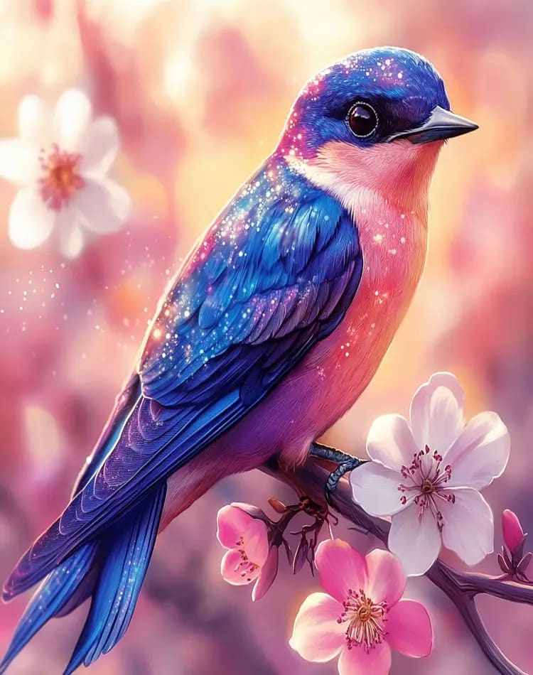 Peinture au Numéro — Oiseau bleu scintillant sur branche de cerisier