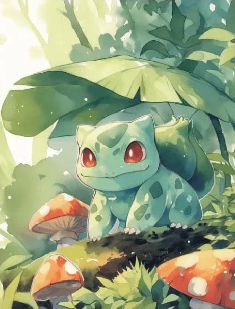 Peinture au Numéro — Bulbizarre sous les feuilles, aquarelle (Pokémon)