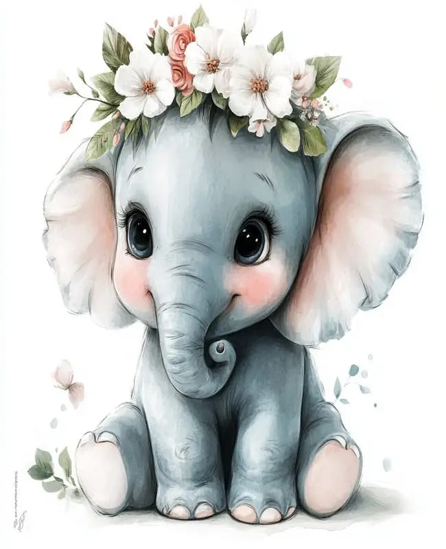 Peinture au Numéro — Bébé éléphant aquarelle à la couronne de fleurs