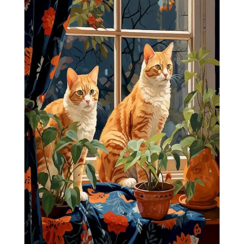 Peinture au Numéro — Chats à la fenêtre parmi les plantes