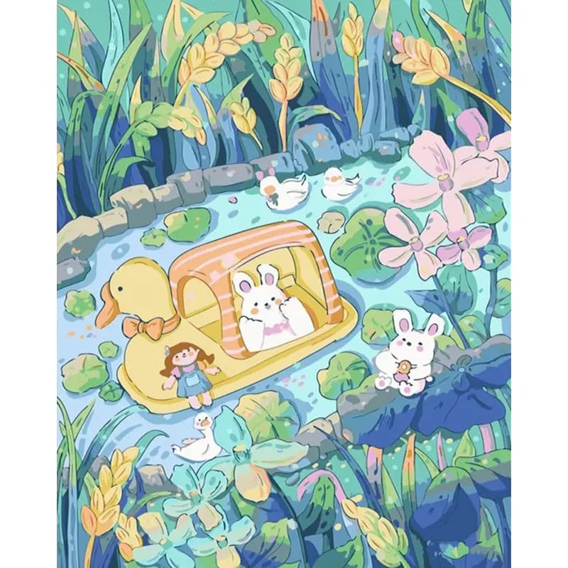 Peinture au Numéro — Lapins en barque-canard sur l'étang (kawaii)