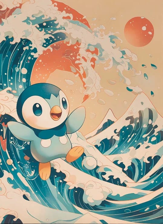 Peinture au Numéro — Tiplouf sur la grande vague (Pokémon)