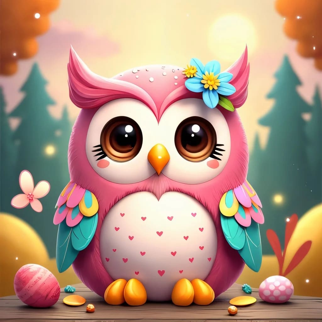 Peinture au Numéro — Hibou rose kawaii au cœur pastel