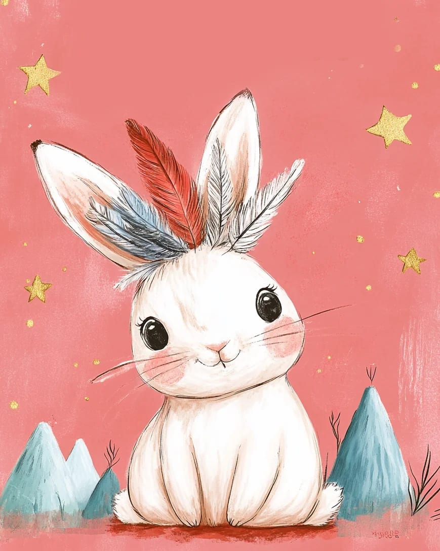 Peinture au Numéro — Lapin blanc boho aux plumes tricolores