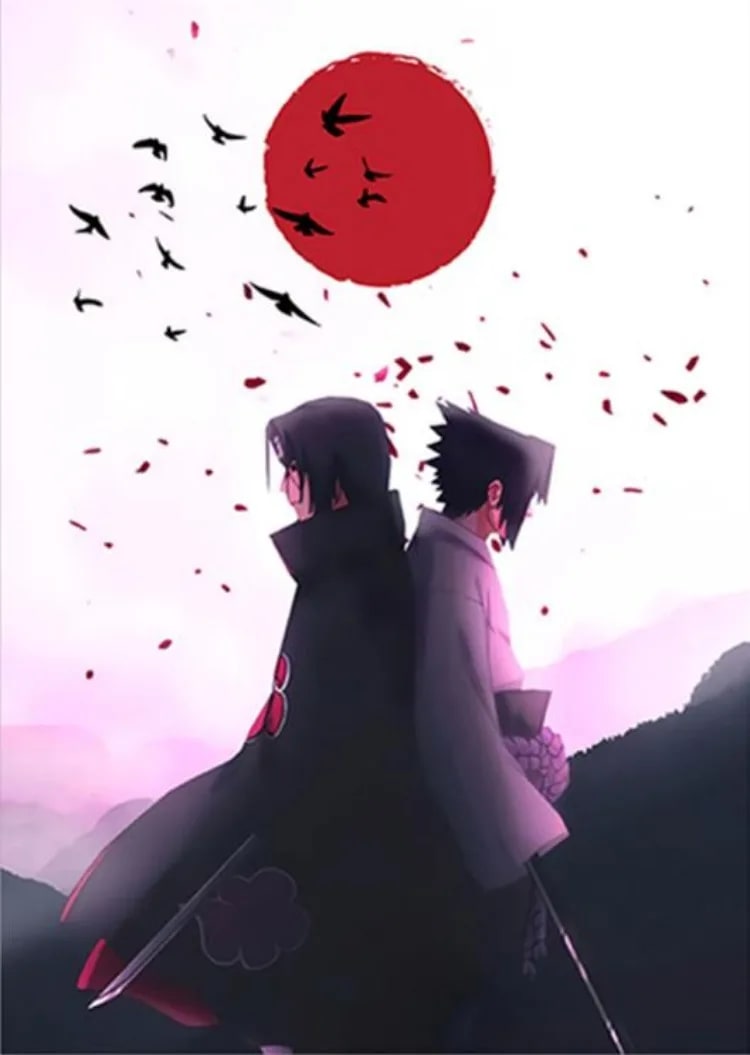 Peinture au Numéro — Itachi et Sasuke dos à dos sous le soleil rouge (Naruto)