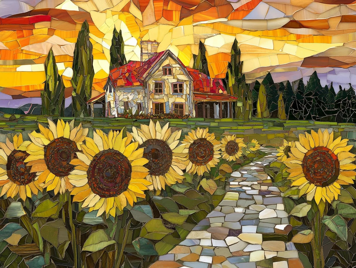 Peinture au Numéro — Maison et tournesols en mosaïque de vitrail