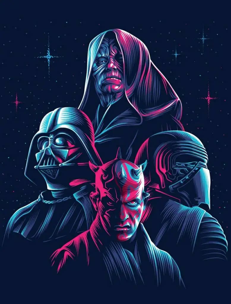 Peinture au Numéro — Seigneurs Sith Palpatine, Vador, Maul et Kylo Ren, art néon (Star Wars)