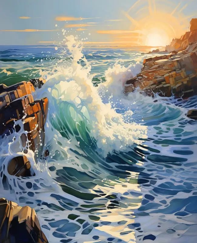 Peinture au Numéro — Vague déferlant sur les rochers au soleil