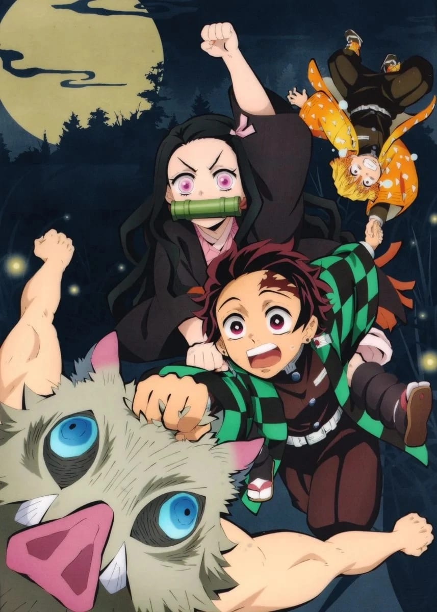 Peinture au Numéro — Tanjiro, Nezuko, Zenitsu et Inosuke sous la pleine lune (Demon Slayer)