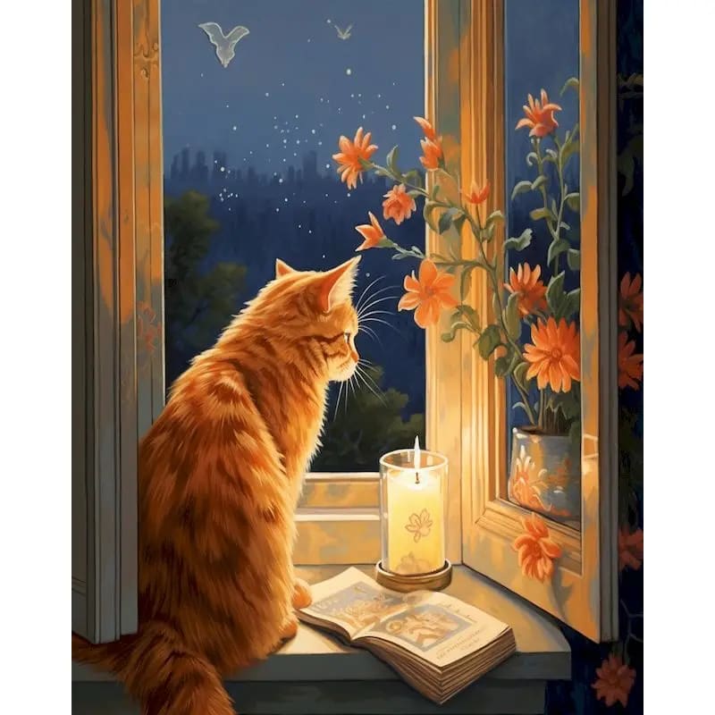 Peinture au Numéro — Chat noir à la fenêtre sous la pleine lune