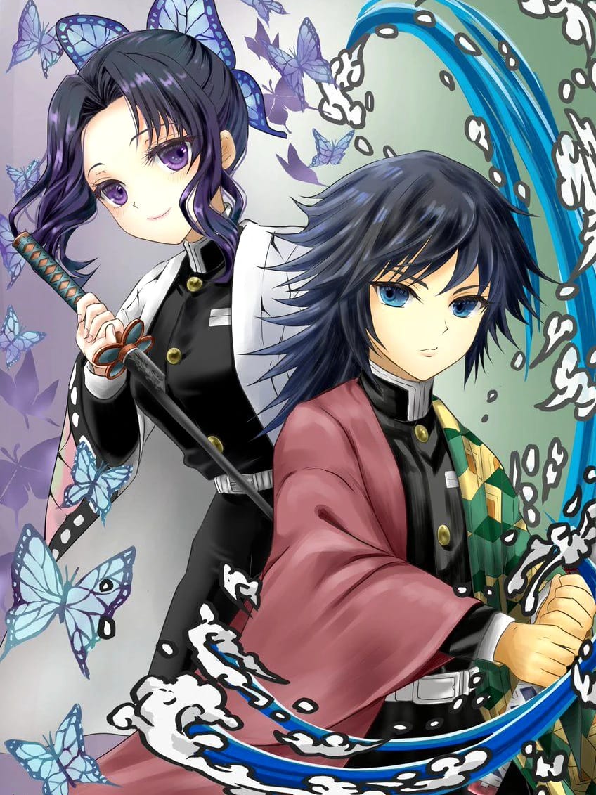Peinture au Numéro — Shinobu Kocho et Giyu Tomioka, papillons et eau (Demon Slayer)