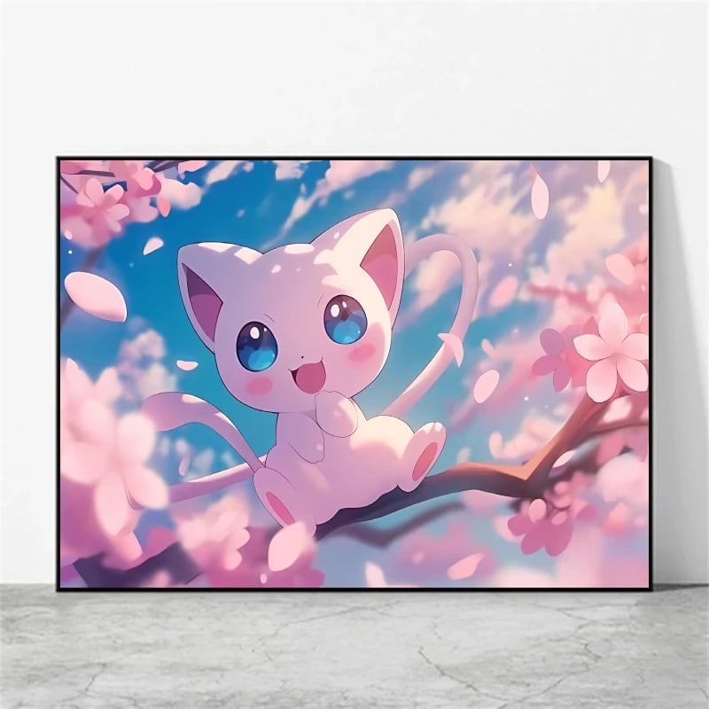Peinture au Numéro — Mew sous les fleurs de cerisier (Pokémon)