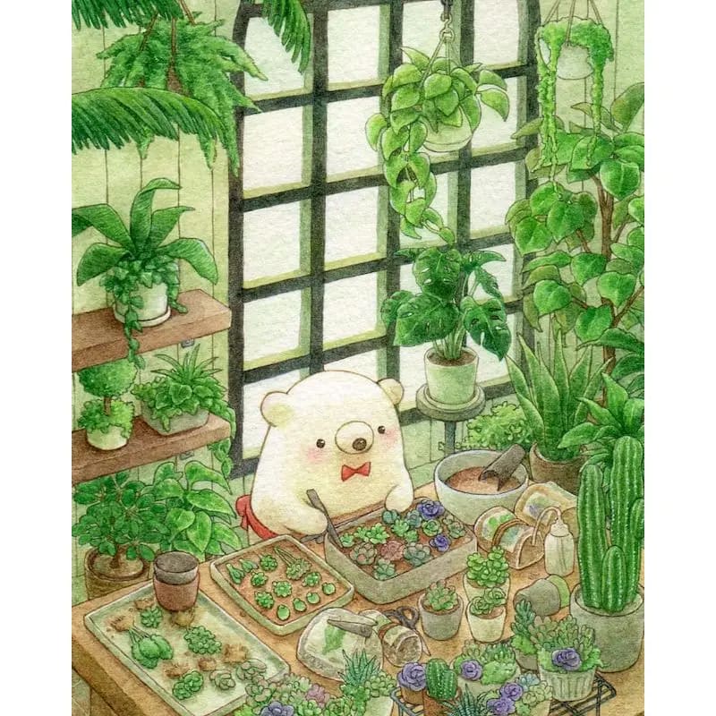 Peinture au Numéro — Ourson dans la serre aux plantes (kawaii)