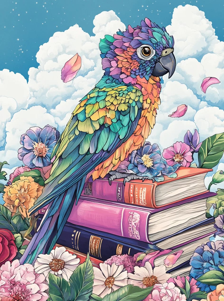 Peinture au Numéro — Perroquet multicolore sur pile de livres et fleurs